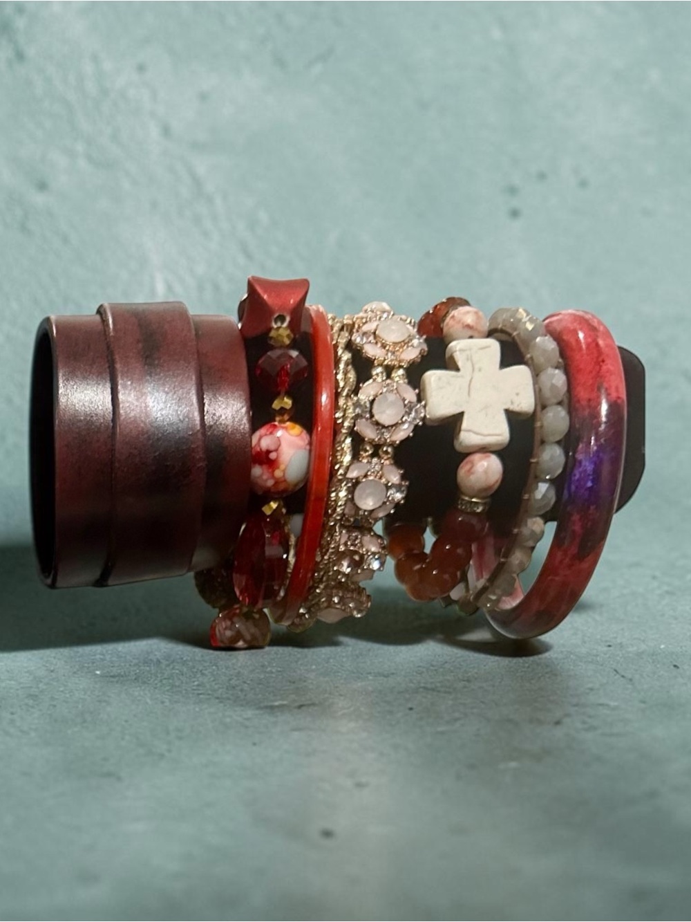 Signature Faith Deep Red White Stacked Bracelet Set Beaded Cross Boho Cuff